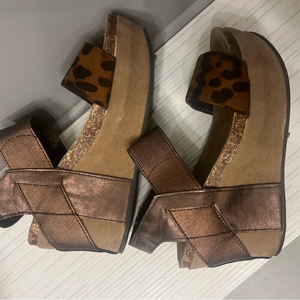 Leopard Print and Bronze Women's Platform Leather/Cork wedge Sandals